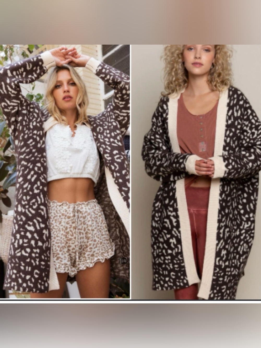 POL Women’s Size S Brown & Cream Leopard-Print Long Line Open Cardigan